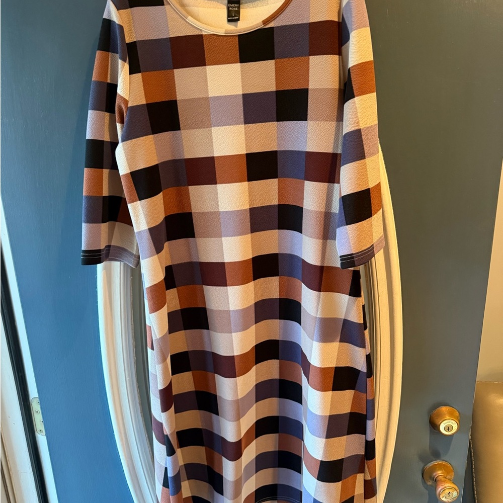 Stylish Checkered Midi Dress in Black, Brown, and Cream